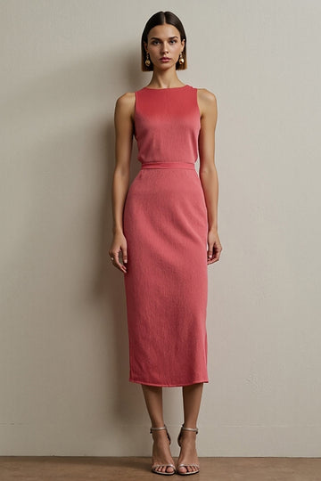 Red Sheath Midi Round Neck Work Dress